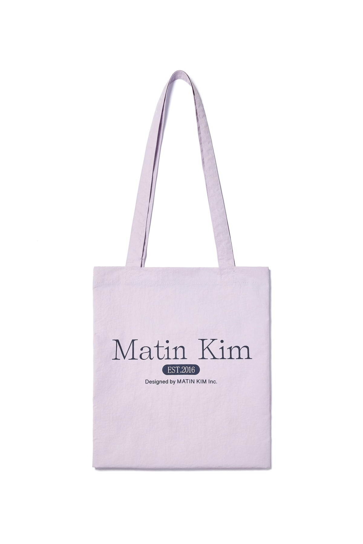 Túi tote unisex màu tím nhạt với thiết kế nhẹ và logo Matin Kim nổi bật.