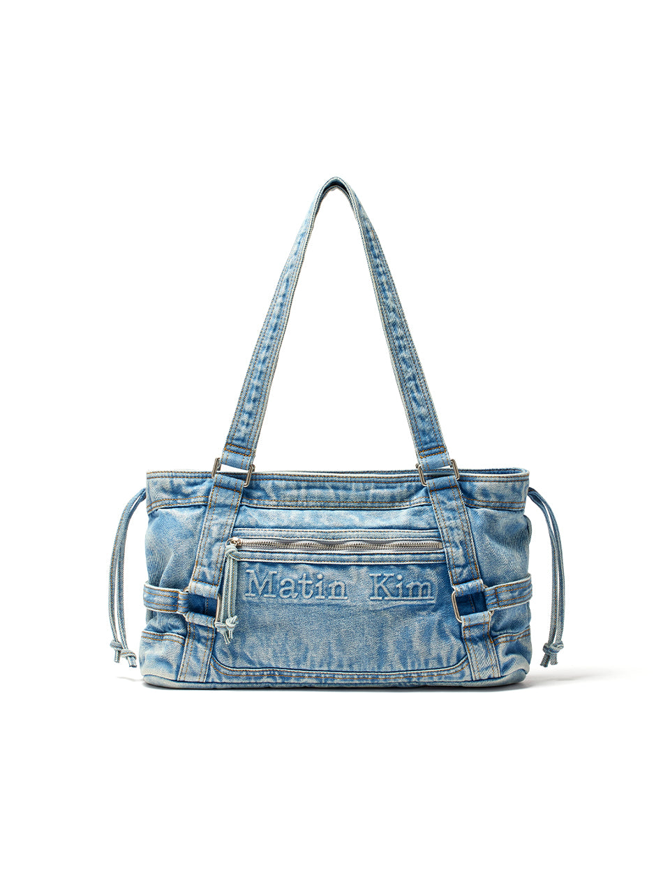 Túi đeo vai nữ với thiết kế denim và hiệu ứng giặt bạc, nhiều ngăn tiện lợi.