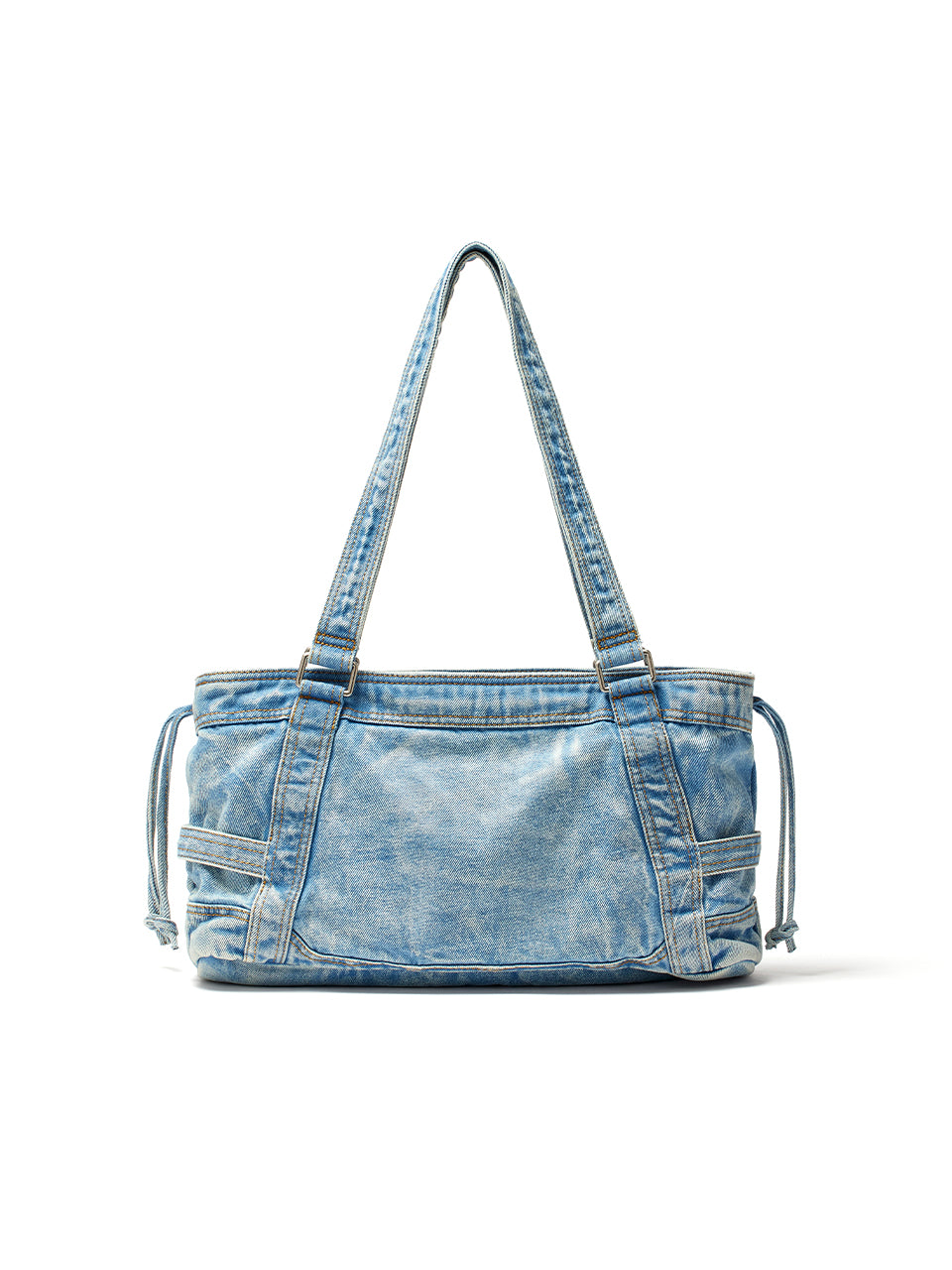 Túi đeo vai nữ với thiết kế denim và hiệu ứng giặt bạc, nhiều ngăn tiện lợi.