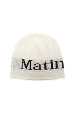 White linen MATIN KIM cap with logo lettering and visible stitching.