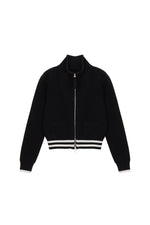 Áo khoác dệt kim unisex với họa tiết kẻ sọc, thiết kế dáng cropped và khóa kéo.
