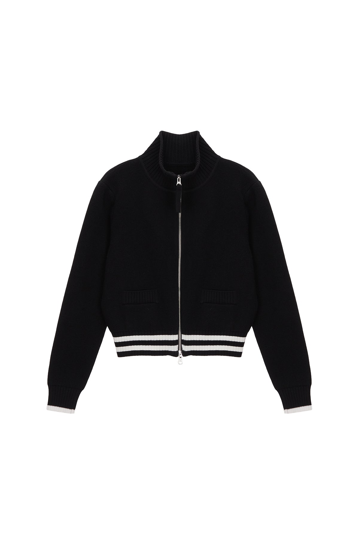 Áo khoác dệt kim unisex với họa tiết kẻ sọc, thiết kế dáng cropped và khóa kéo.
