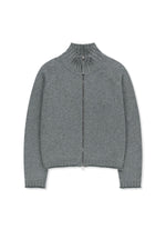 Áo khoác cropped nữ len cashmere với khóa kéo, tay dài và cổ dệt gân, màu xám.