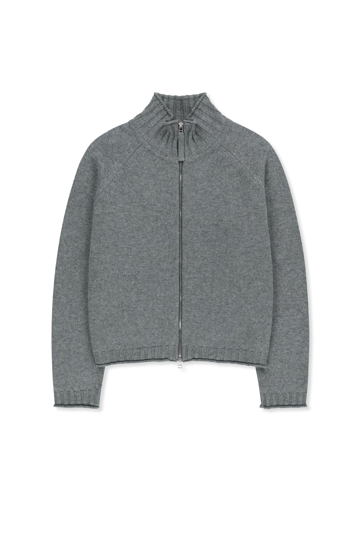 Áo khoác cropped nữ len cashmere với khóa kéo, tay dài và cổ dệt gân, màu xám.