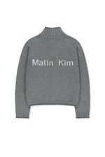 Áo khoác cropped nữ len cashmere với khóa kéo, tay dài và cổ dệt gân, màu xám.