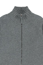 Áo khoác cropped nữ len cashmere với khóa kéo, tay dài và cổ dệt gân, màu xám.