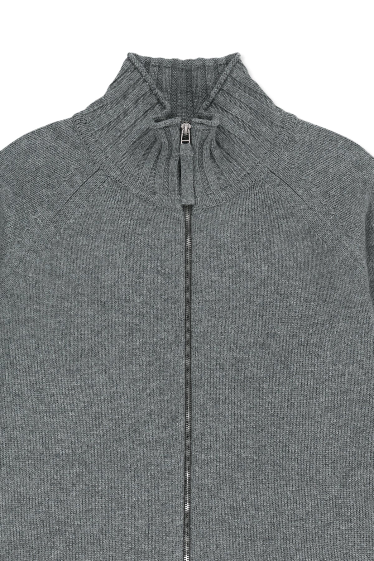 Áo khoác cropped nữ len cashmere với khóa kéo, tay dài và cổ dệt gân, màu xám.