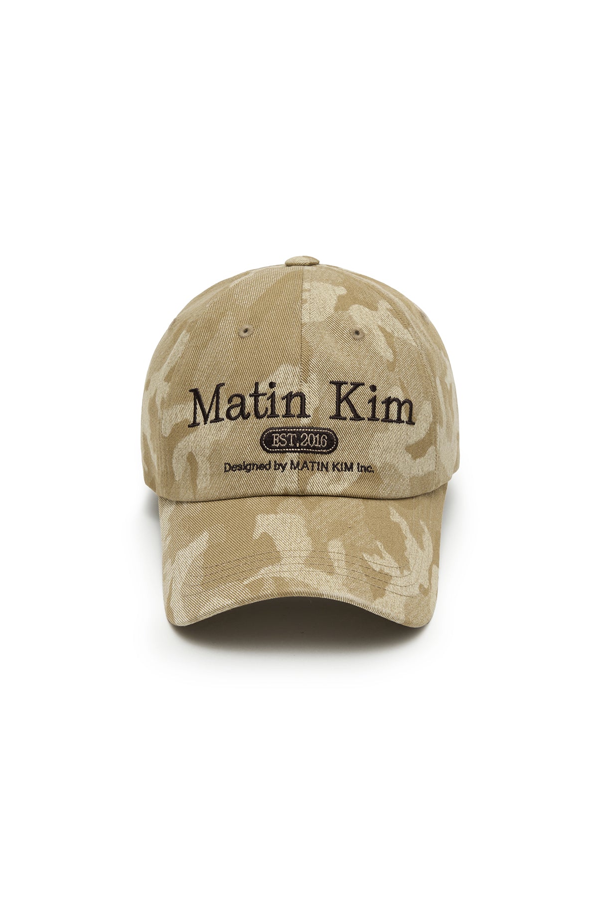 Nón bóng chày unisex màu beige họa tiết rằn ri, vành cong, logo thêu ở giữa mặt trước, có dây chỉnh phía sau
