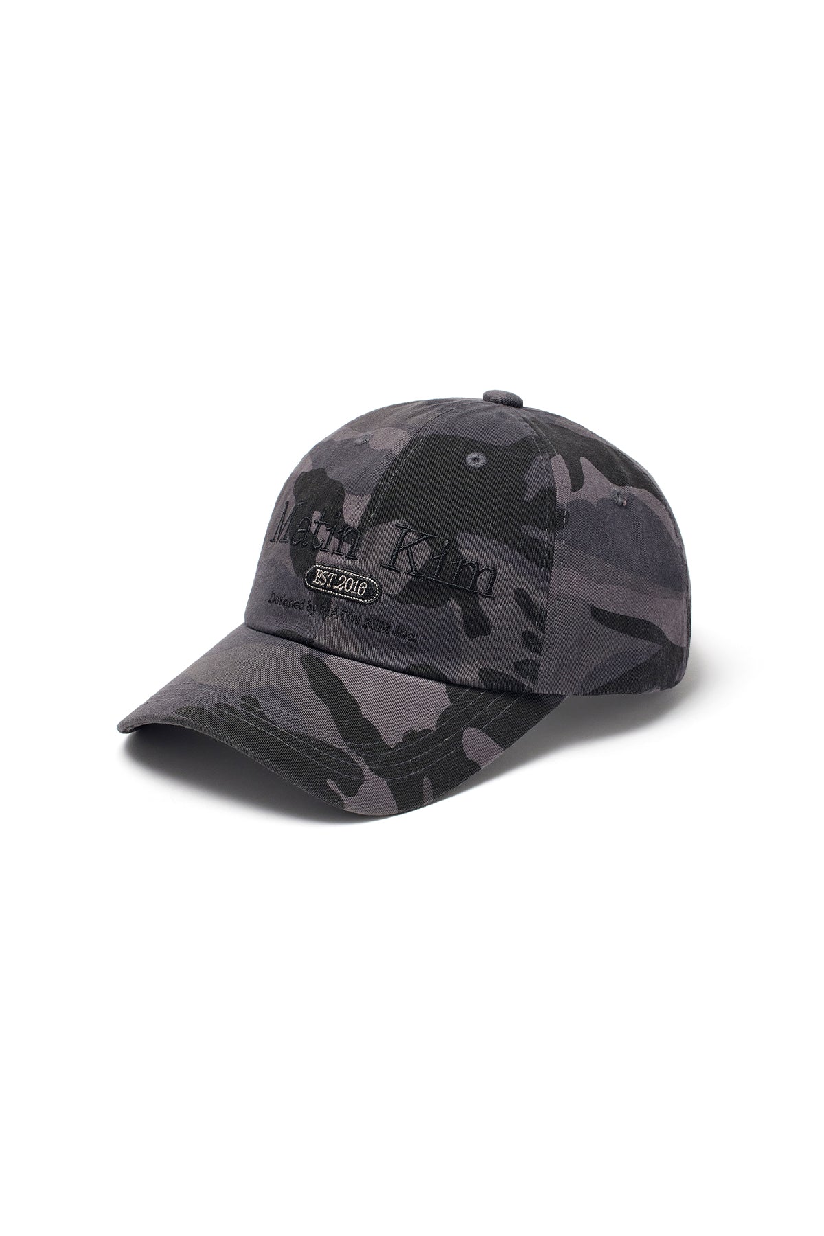 Mũ bóng chày unisex màu charcoal họa tiết rằn ri, logo Matin Kim ở mặt trước, vành cong, khóa strapback điều chỉnh được