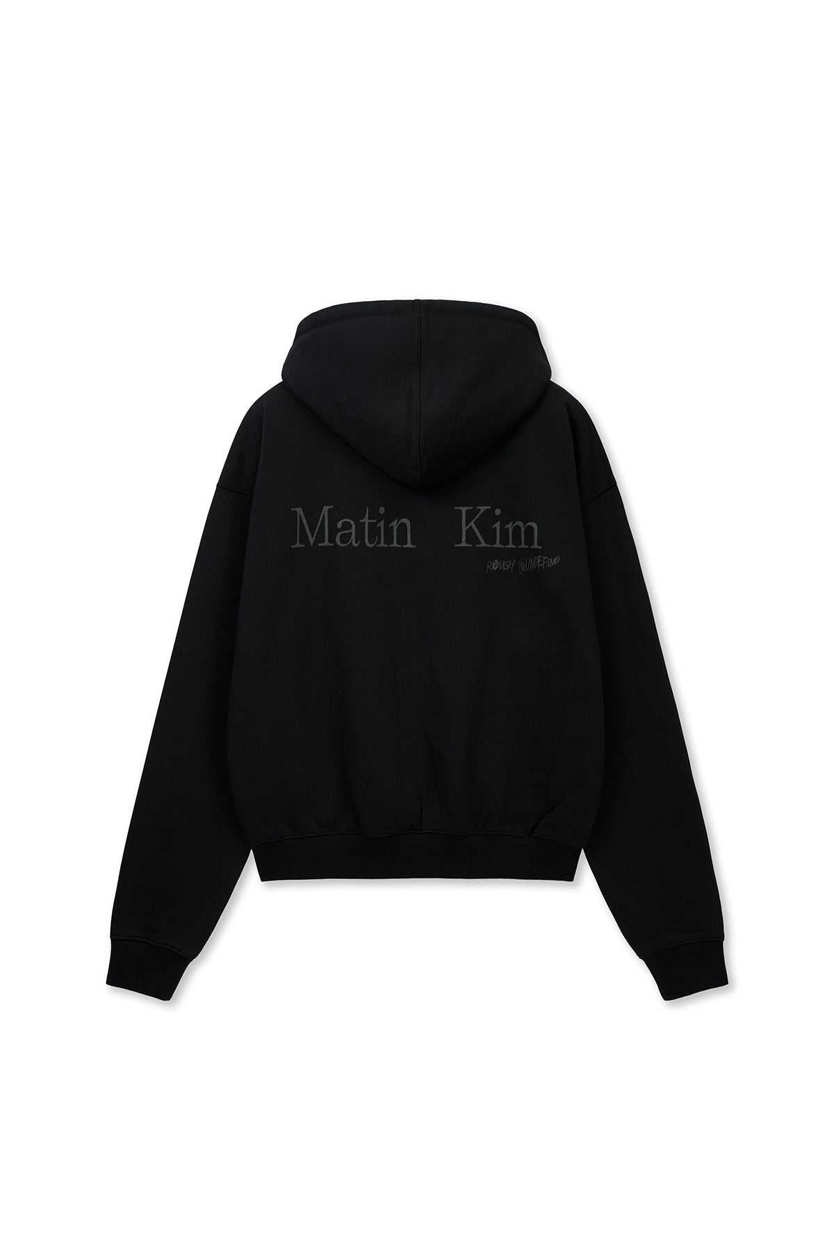 Áo khoác unisex với thiết kế hai lớp, tay dài và mũ trùm, có logo Matin Kim nổi bật.