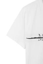 Áo phông nữ cropped trắng với logo Matin Kim in ngang ngực.