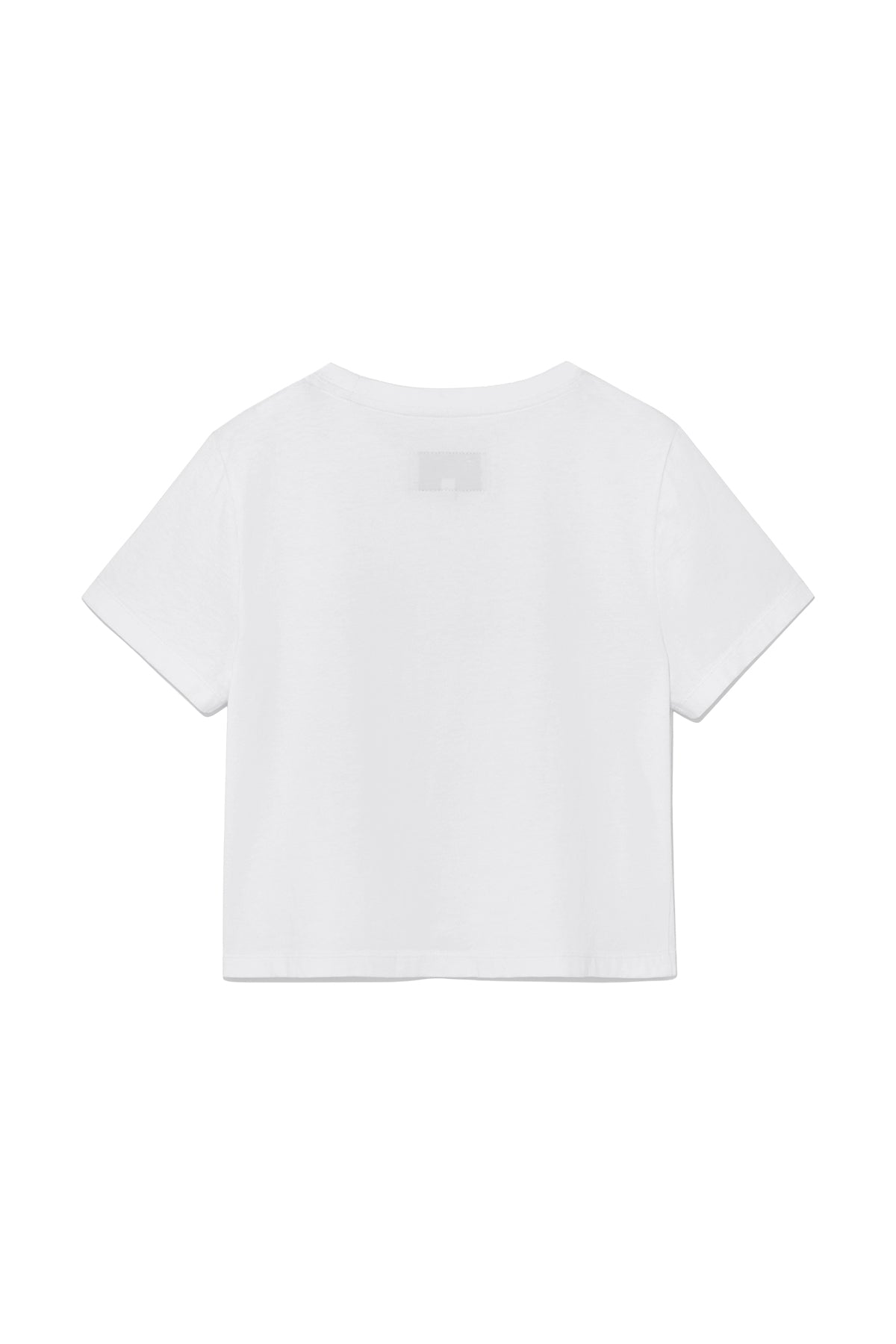Áo thời trang cropped nữ với họa tiết logo in, cổ tròn và tay ráp.