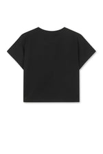 Áo cropped nữ với logo Matin Kim, tay ngắn, cổ tròn, màu đen.