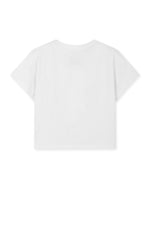 Áo cropped trắng với họa tiết in logo Matin Kim, tay ngắn và cổ tròn.