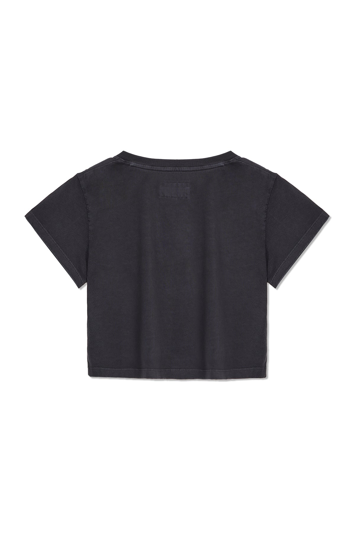 Áo phông cropped nữ với logo Matin Kim, tay ngắn và cổ tròn, màu xám đậm.
