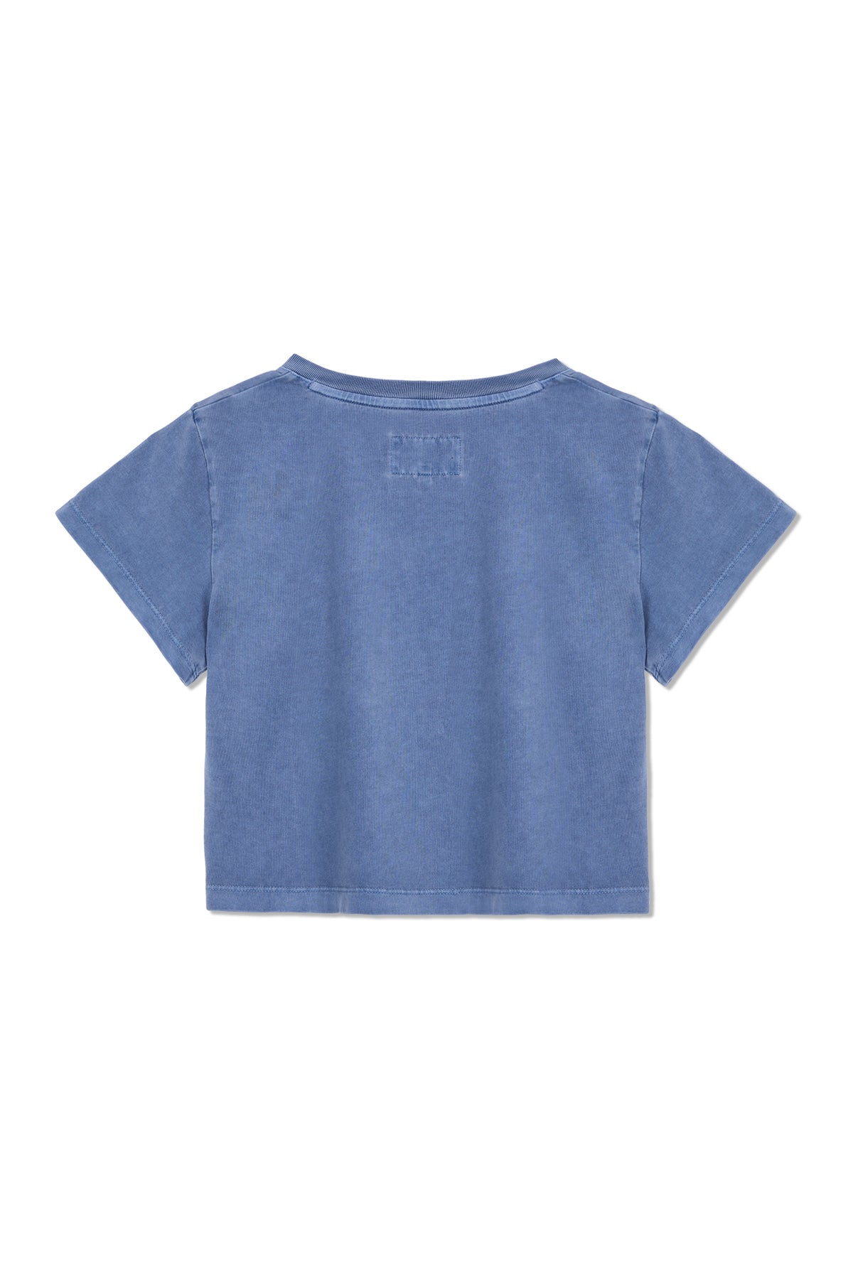 Áo phông cropped nữ với logo Matin Kim, tay ngắn và cổ tròn, màu xanh nhạt.