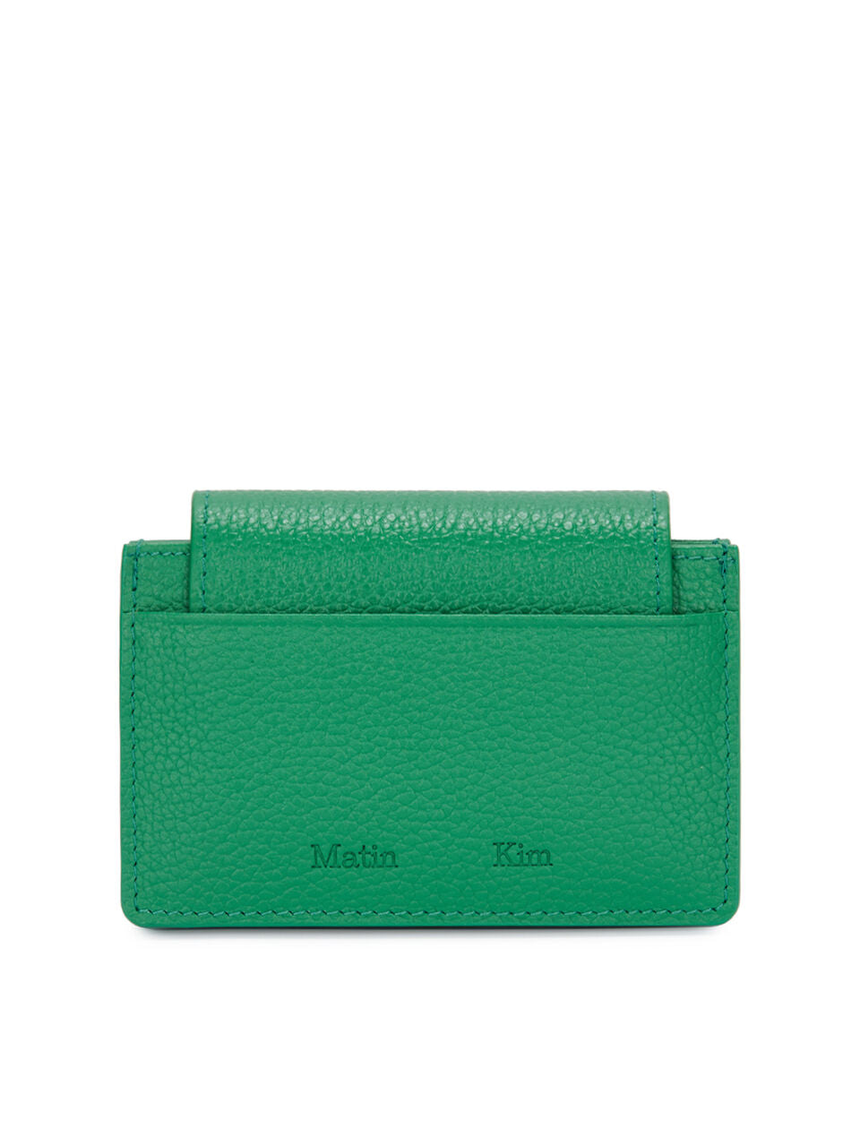 Ví phụ kiện unisex màu xanh lá, thân định hình, bề mặt ánh kim, tem logo kim loại Matin Kim ở mảng trước