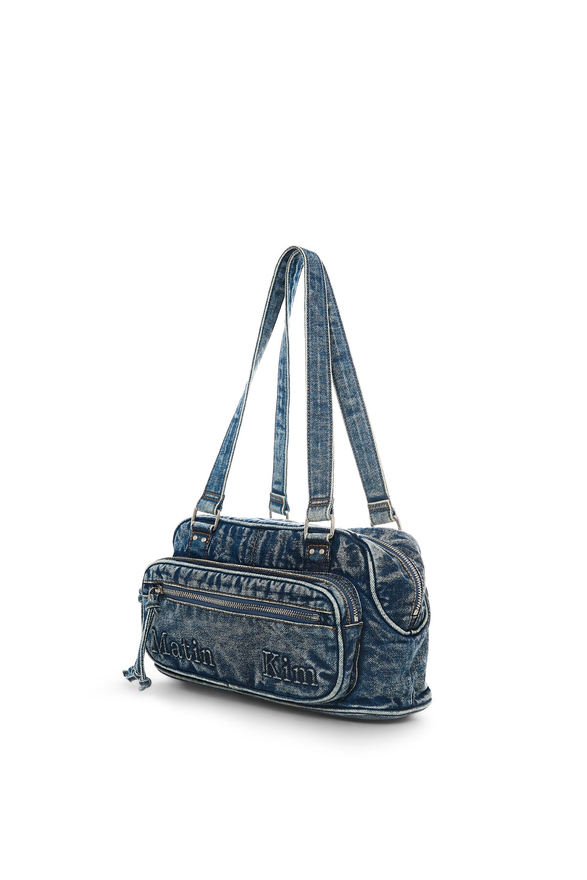 Túi đeo vai nữ với thiết kế denim, khóa kéo và logo Matin Kim.