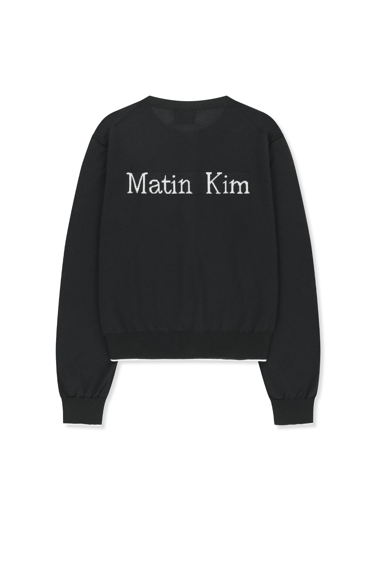 Áo khoác nữ với chi tiết logo Matin Kim, thiết kế hiện đại, cổ tròn, tay dài ôm và gấu bo viền.