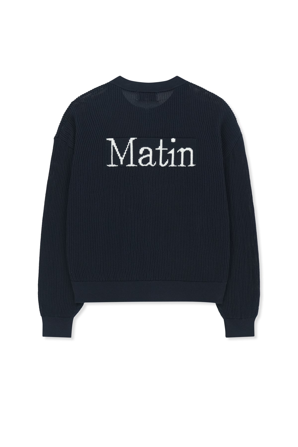 Áo len unisex với thiết kế thoáng khí, có túi trước và logo Matin Kim nổi bật.
