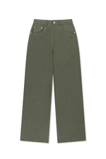 Quần denim nữ baggy khaki với cạp cao và 5 túi tiện lợi.