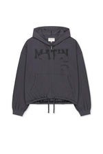 Áo khoác nữ với thiết kế hiện đại, logo Matin Kim thêu, chất liệu cotton mềm mại, và túi kangaroo tiện lợi.