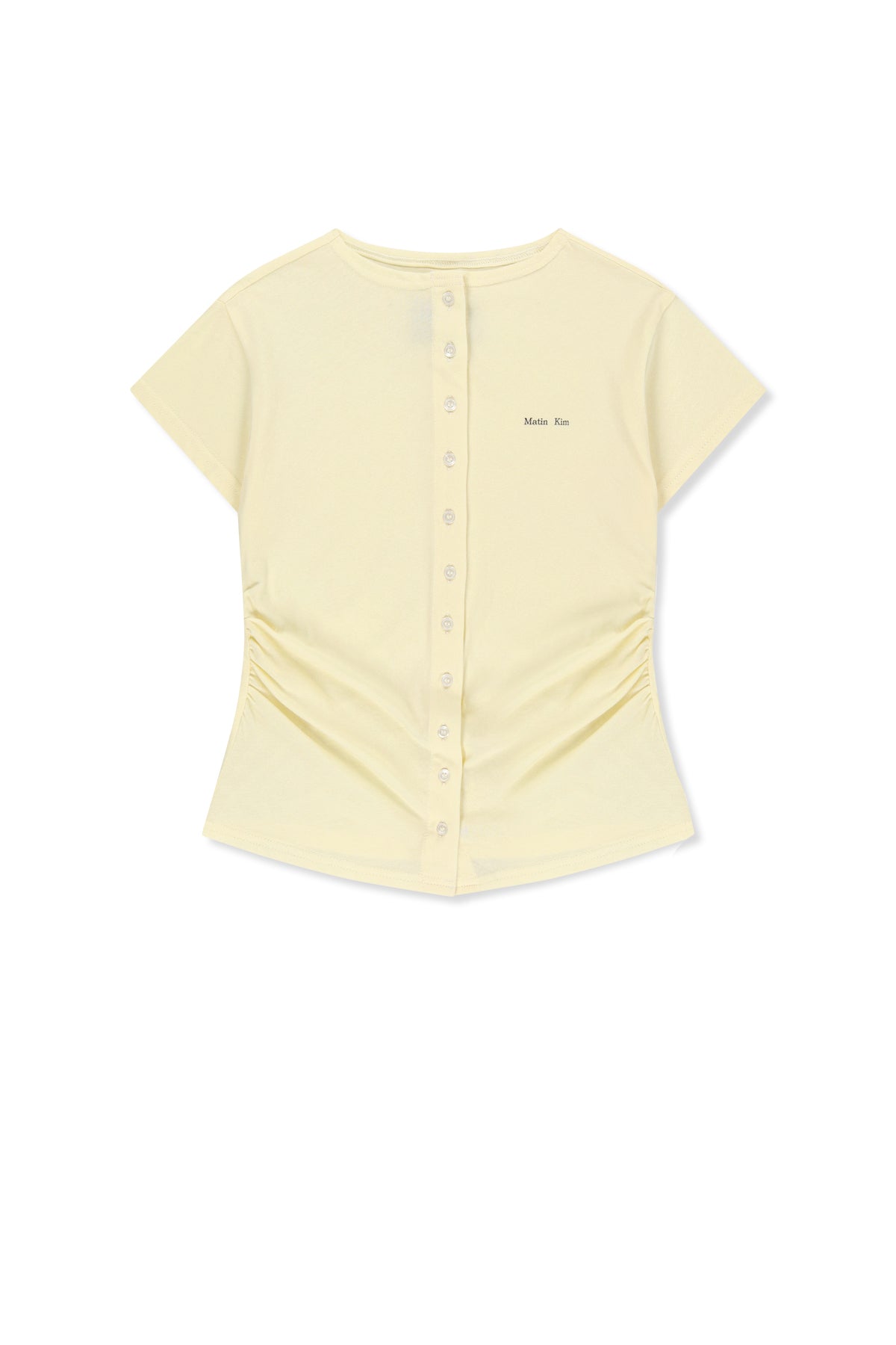 Áo blouse nữ với chi tiết nhún rút và nút, kiểu dáng slim fit, tay ngắn, cổ tròn.