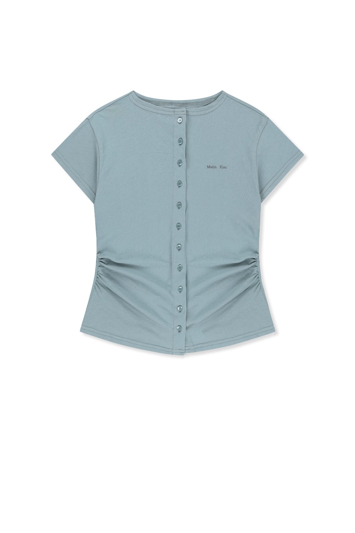 Áo blouse nữ cổ bẻ, tay ngắn, có nút, chi tiết nhún rút, màu xanh nhạt.