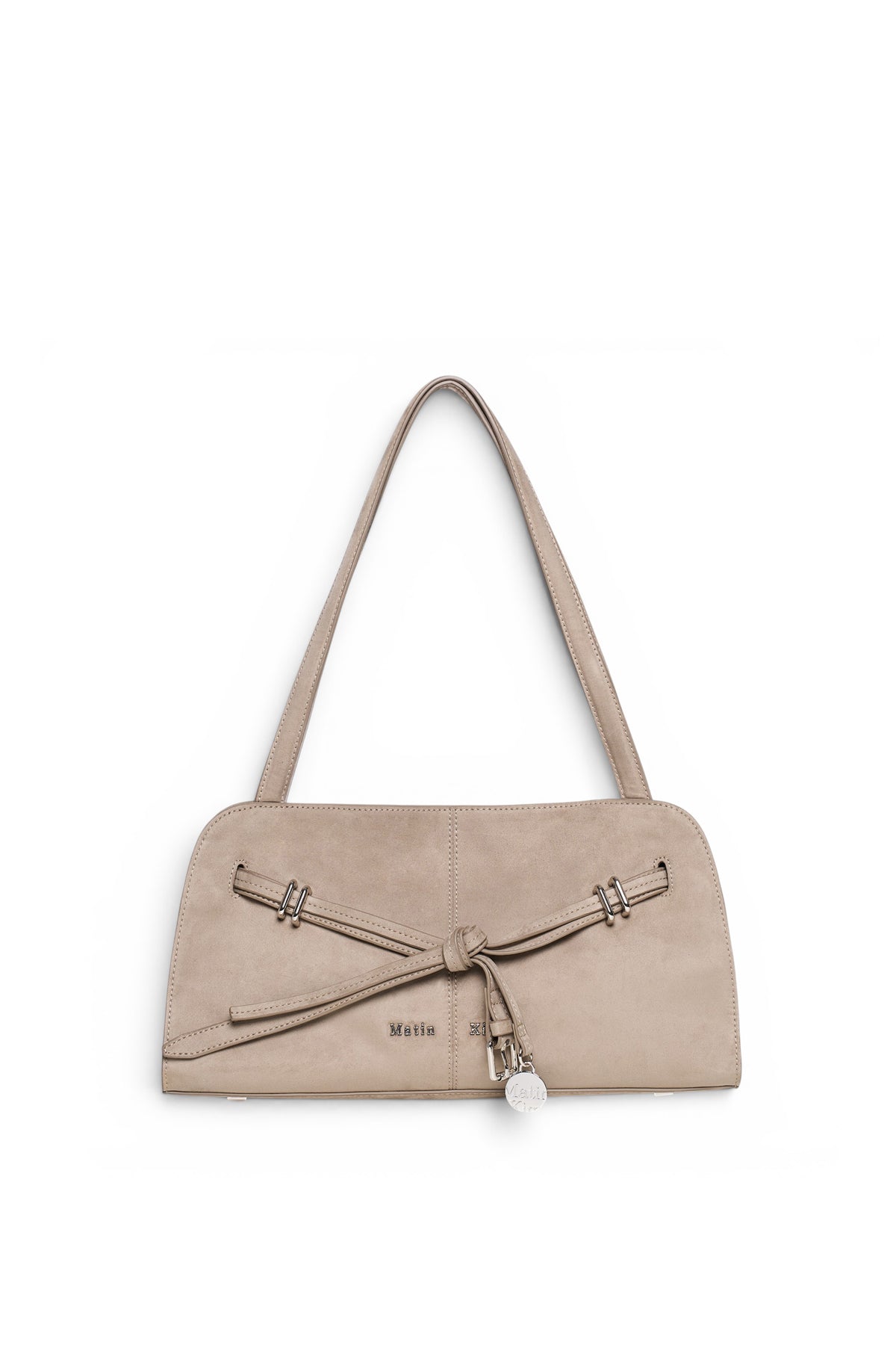 Túi đeo vai dây ngắn màu beige, thân túi định hình góc cạnh, khóa nam châm, dành cho nữ.