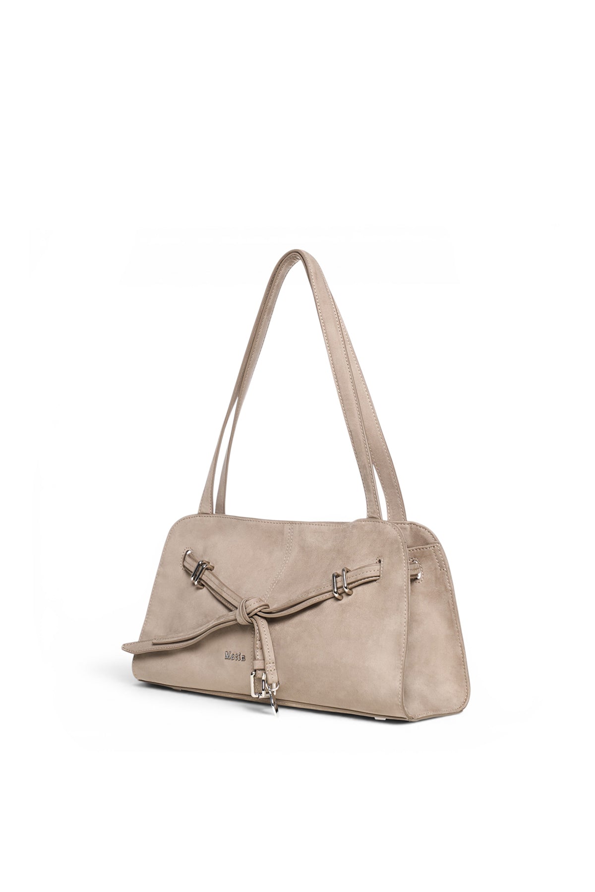 Túi đeo vai dây ngắn màu beige, thân túi định hình góc cạnh, khóa nam châm, dành cho nữ.