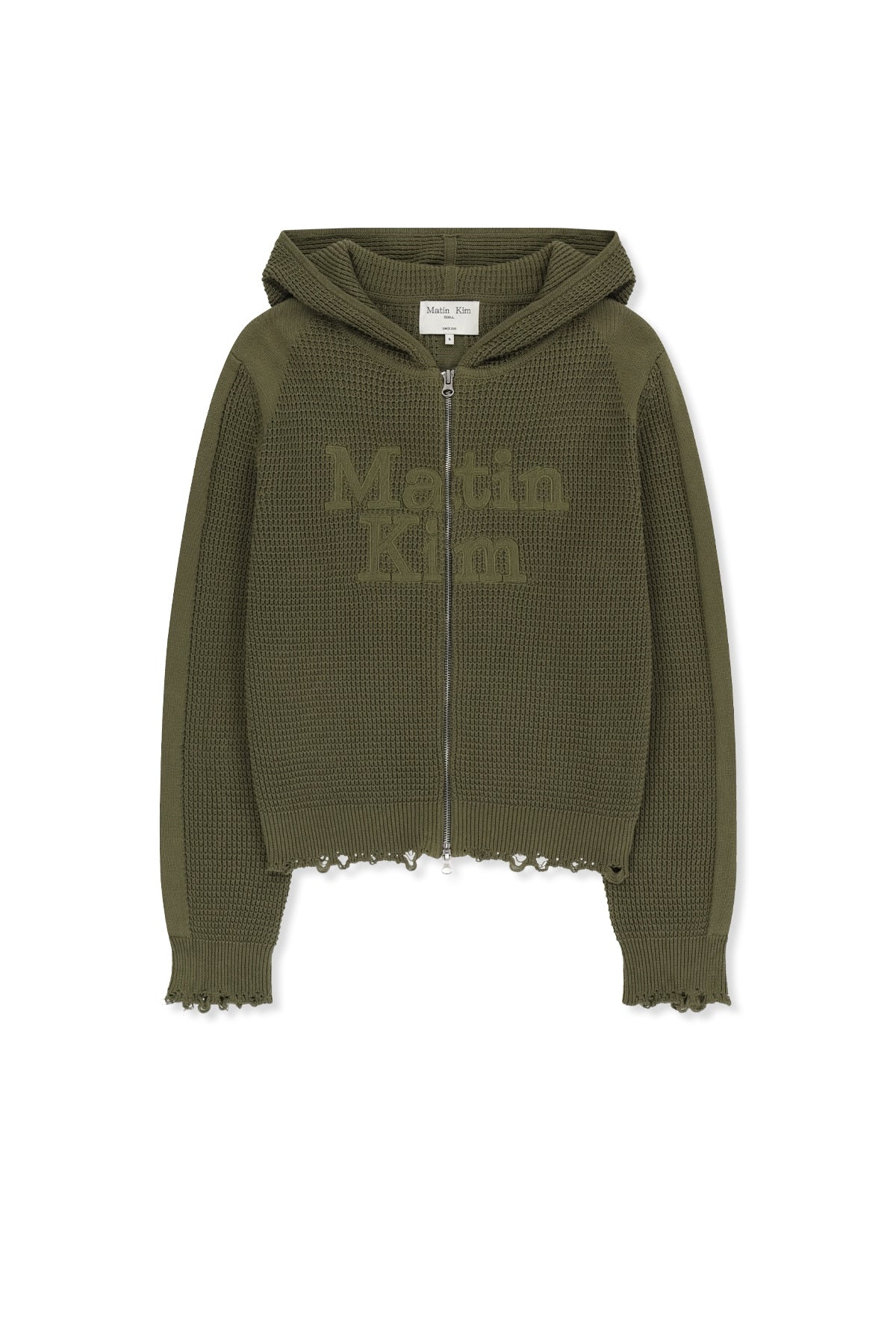 Áo sơ mi unisex màu khaki có mũ trùm, khóa kéo giữa trước, tay dài và logo Matin Kim