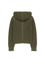 Áo sơ mi unisex màu khaki có mũ trùm, khóa kéo giữa trước, tay dài và logo Matin Kim
