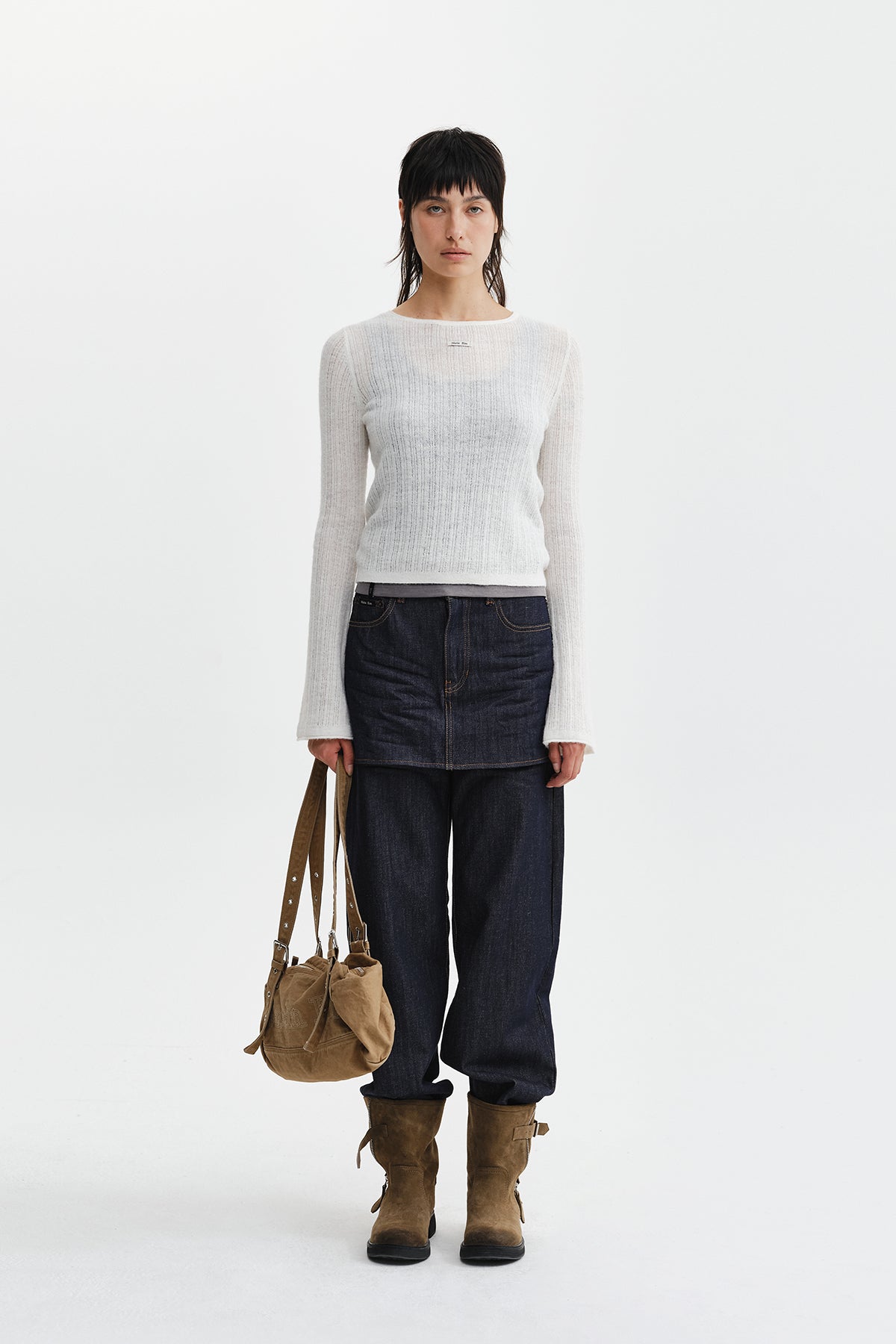 Chân váy nữ denim cotton wash tối màu, cạp cao, phom ống rộng dáng lửng