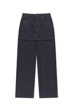 Chân váy nữ denim cotton wash tối màu, cạp cao, phom ống rộng dáng lửng