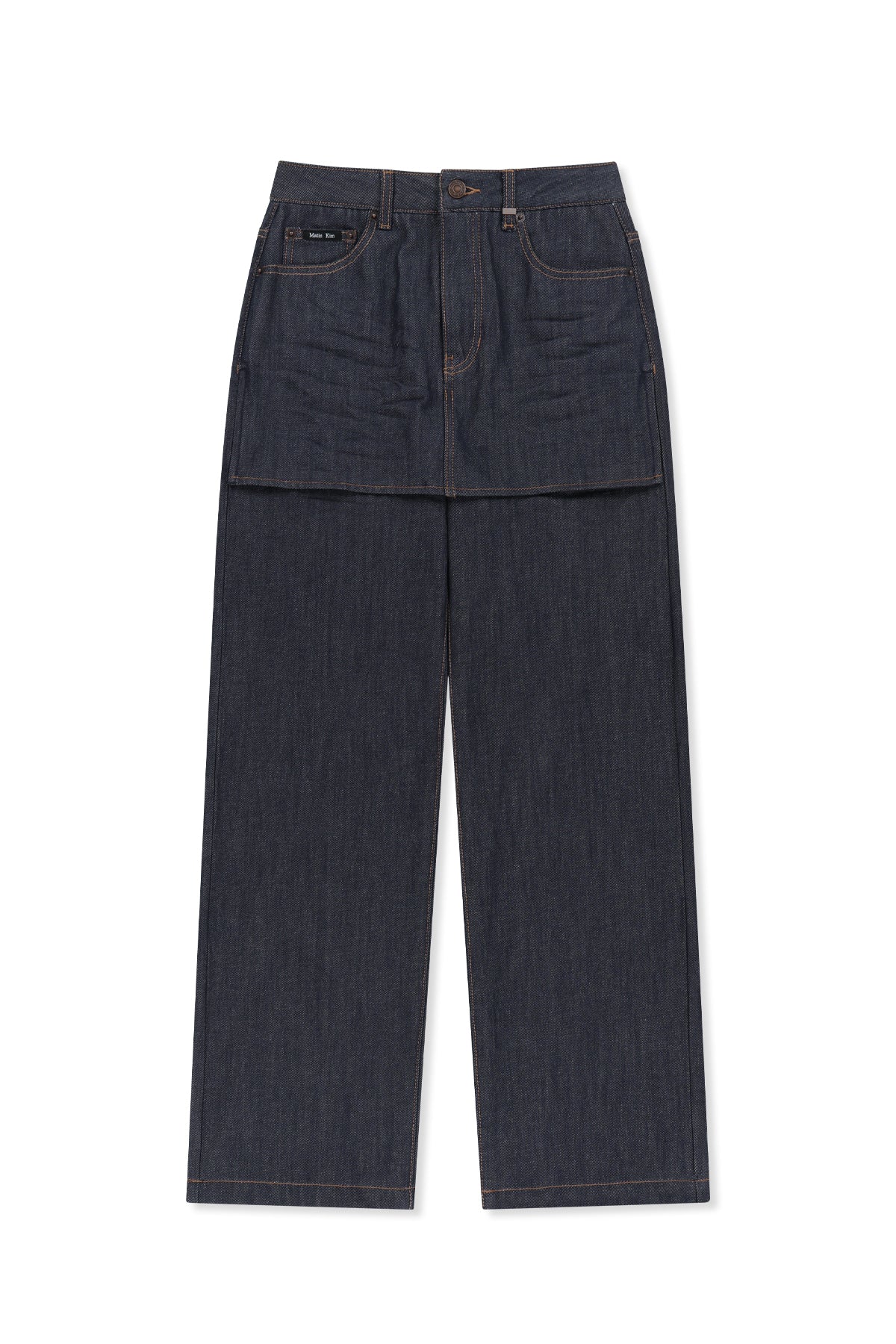 Chân váy nữ denim cotton wash tối màu, cạp cao, phom ống rộng dáng lửng
