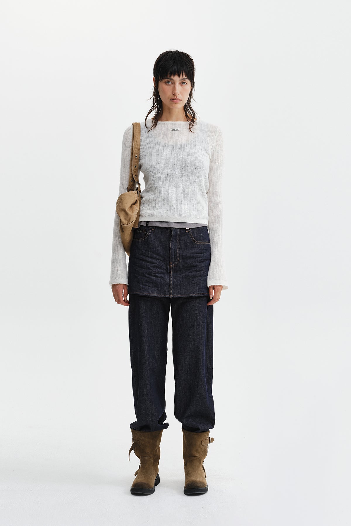 Chân váy nữ denim cotton wash tối màu, cạp cao, phom ống rộng dáng lửng