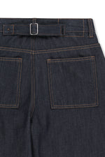 Chân váy nữ denim cotton wash tối màu, cạp cao, phom ống rộng dáng lửng