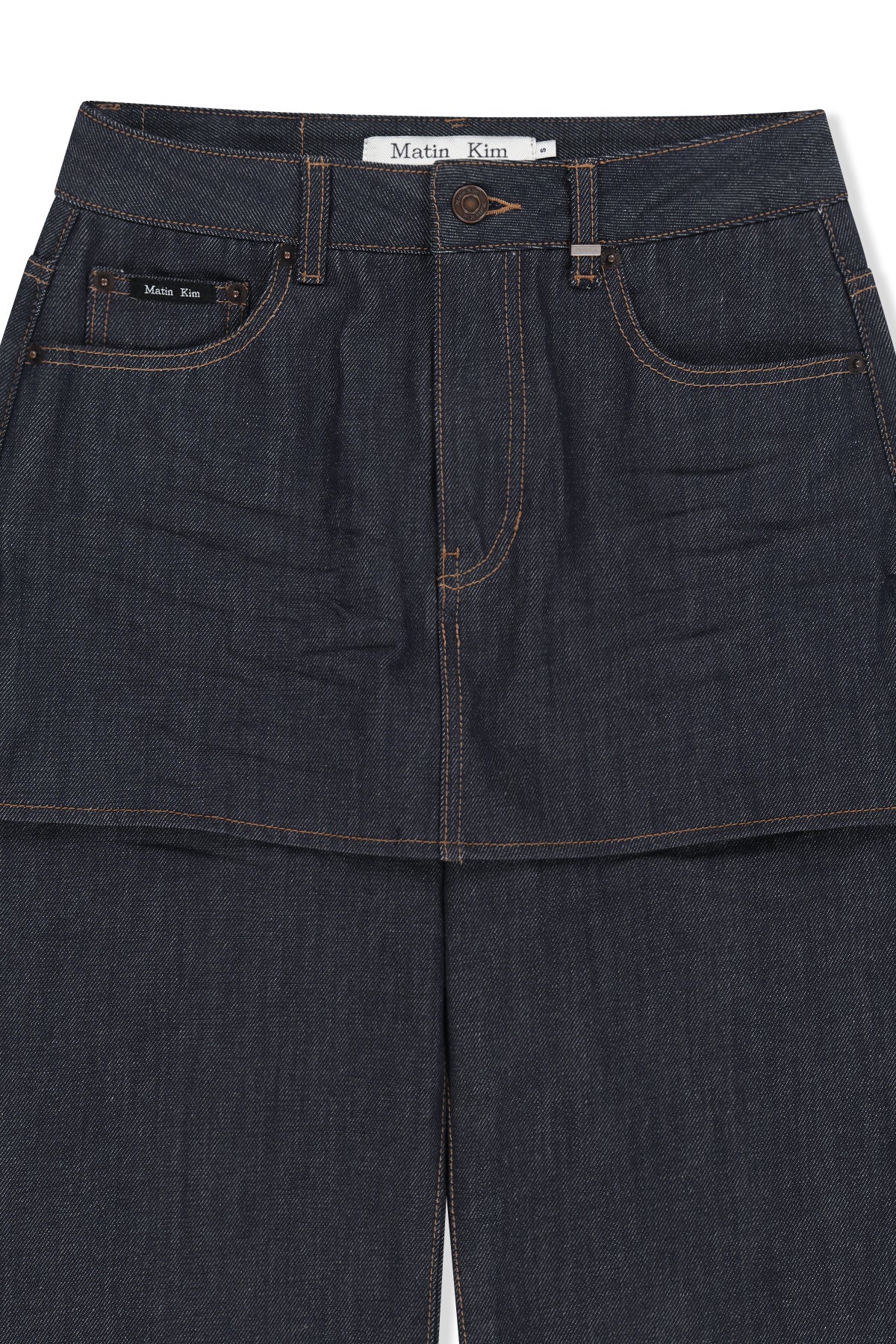 Chân váy nữ denim cotton wash tối màu, cạp cao, phom ống rộng dáng lửng