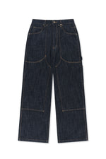 Quần denim unisex với hiệu ứng giặt bạc, túi hông và cạp cao, mang lại phong cách hiện đại.