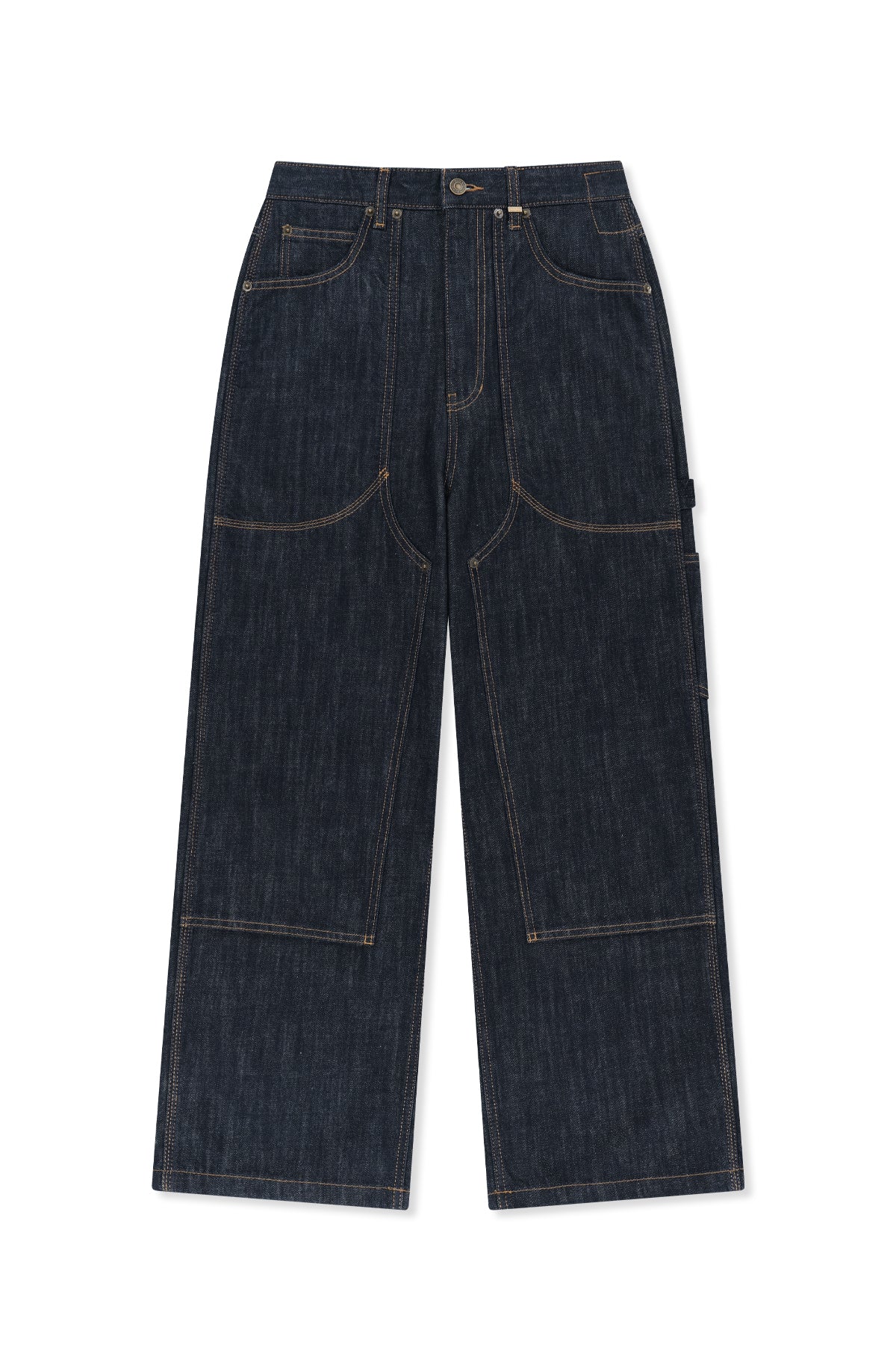 Quần denim unisex với hiệu ứng giặt bạc, túi hông và cạp cao, mang lại phong cách hiện đại.