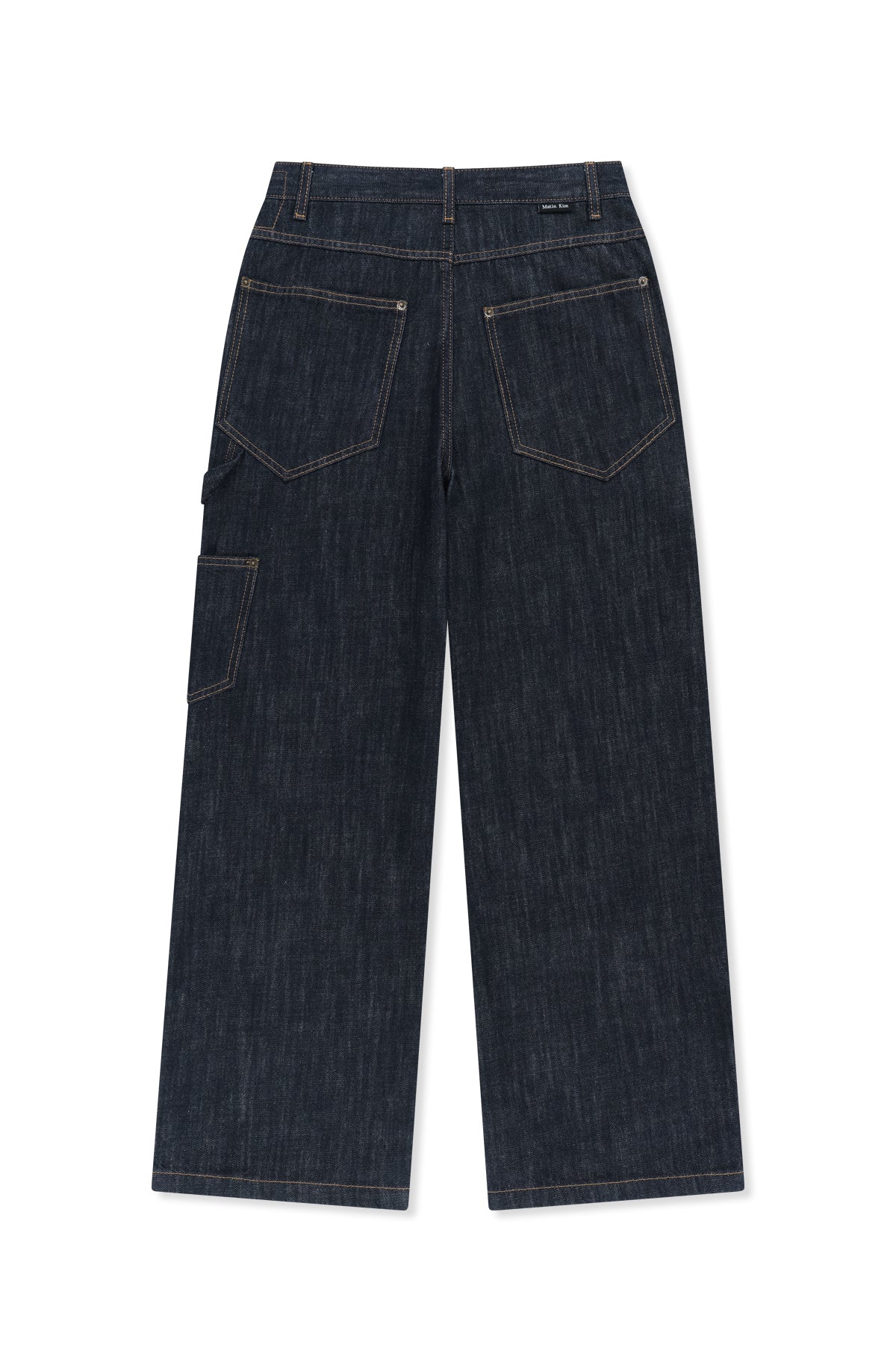Quần denim unisex với hiệu ứng giặt bạc, túi hông và cạp cao, mang lại phong cách hiện đại.