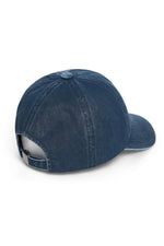 Nón bóng chày cotton màu navy, vành cong, logo thêu giữa mặt trước, khóa dây vải điều chỉnh được.