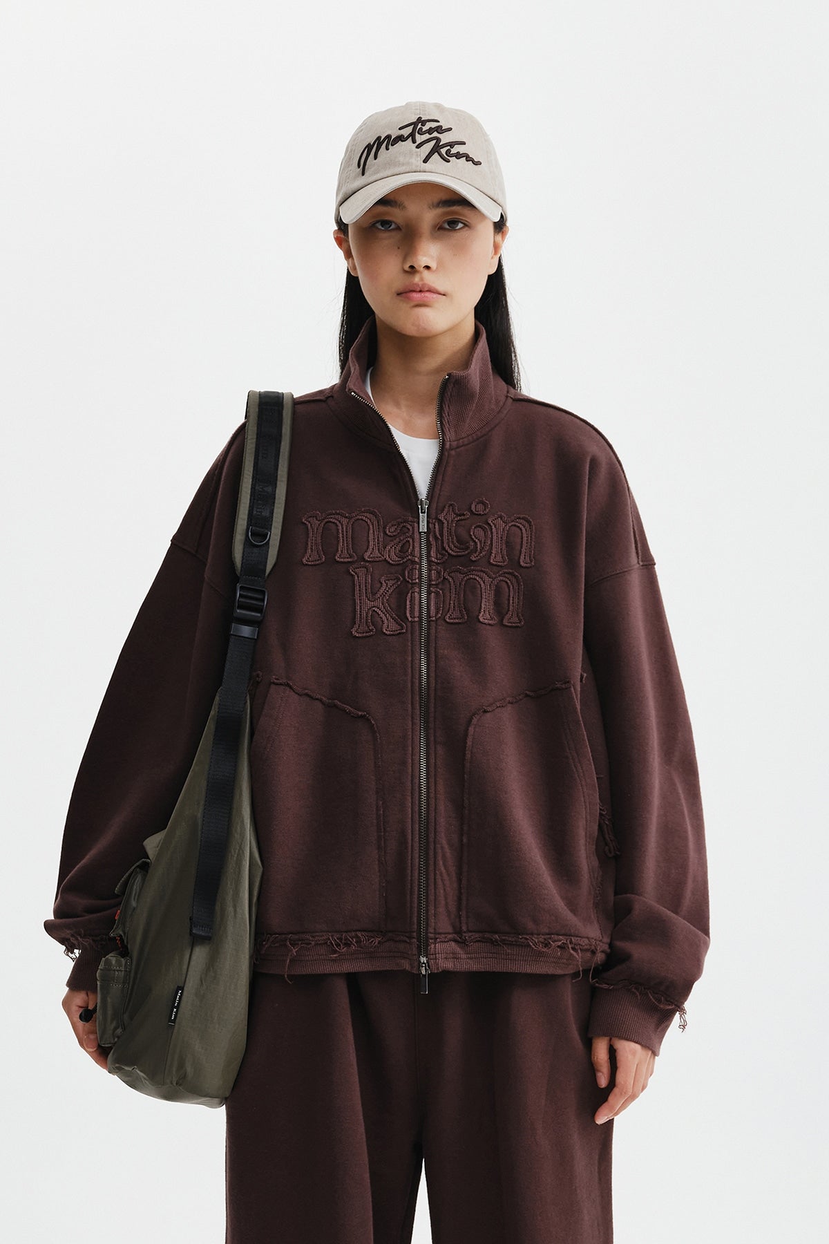 Áo Khoác Thời Trang Nữ Matin Kim Mixed Waffle Applique Logo Zip Up - Brown