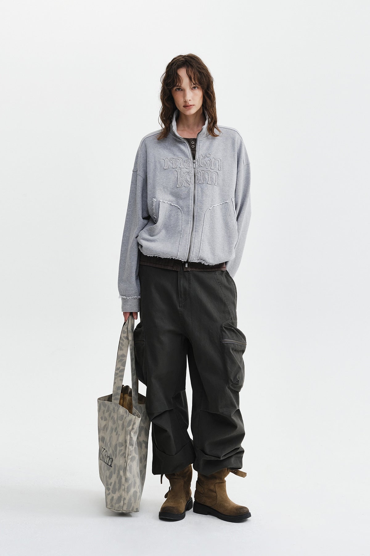 Áo Khoác Thời Trang Nữ Matin Kim Mixed Waffle Applique Logo Zip Up - Grey