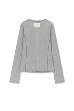 Áo blouse nữ cotton màu xám, cổ chữ V, tay dài ôm, phom slim fit dài đến eo.