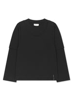 Áo blouse nữ cotton dáng rộng, cổ tròn, tay dài, lưng khoét, màu đen