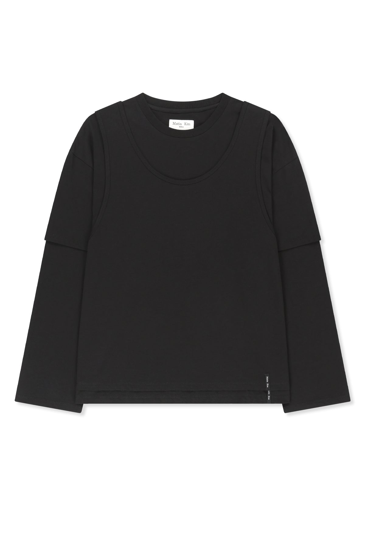 Áo blouse nữ cotton dáng rộng, cổ tròn, tay dài, lưng khoét, màu đen