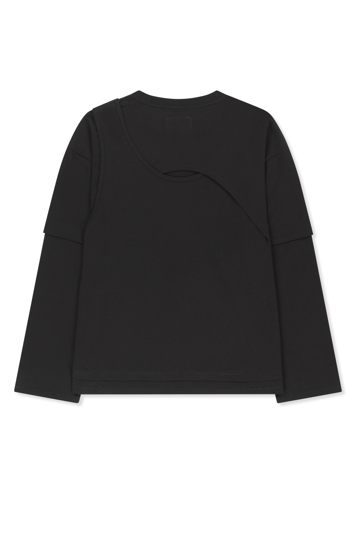 Áo blouse nữ cotton dáng rộng, cổ tròn, tay dài, lưng khoét, màu đen