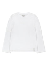 Áo blouse nữ cotton màu trắng, cổ tròn, tay dài, dáng regular dài đến hông, thiết kế khoét lưng.