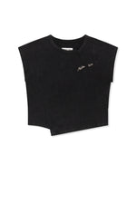 Áo blouse nữ có tay ngắn, dáng cropped, hiệu ứng giặt bạc, cổ tròn, phù hợp cho phong cách hiện đại.